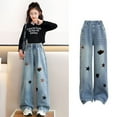 thumbnail image 3 of XIMIN Kid Girls Loose Jeans Baggy Heart Embroidery Elastic Waist Mid Rise Wide Leg Jeans Denim Pants Vintage Y2k Streetwear Aesthetic Loose Teen Clothes, 3 of 8