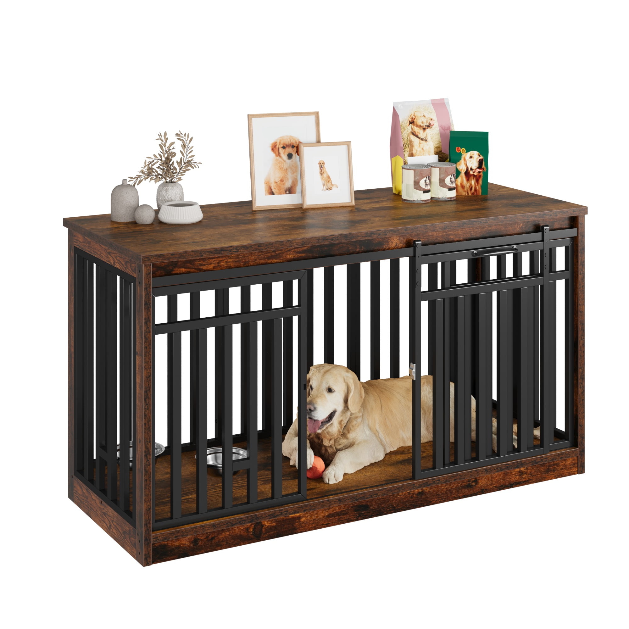 Uforic 55.1 Inch Dog Crate Furniture for Large Dogs,Indoor Furniture Style Wooden Large Dog Kennel TV Stand Sliding Doors - Rustic Brown