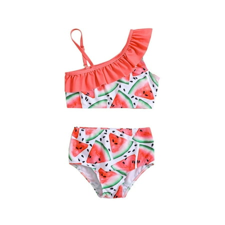Coerni Girls Swimsuit 2 Piece Bathing Suits Fruit Print One Shoulder Swim Suits with Shorts Toddler Pool Quick Dry Swimwear