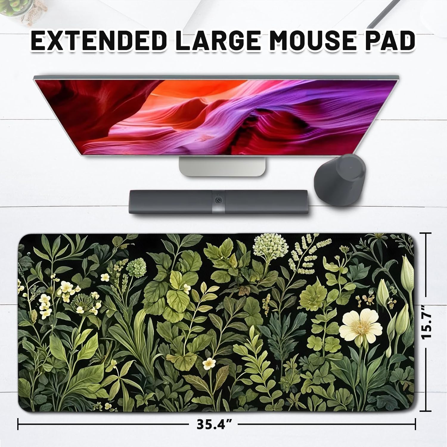 Gaming Mouse Pad Flower Botanical Extra Large, Oversized VintageFloral Plant Mousepad Non-Slip Base Stitched Edges, Long Desk Mat for Keyboard Mouse 15.7”x 34.7”XXL Gift for Christmas, for Women Men