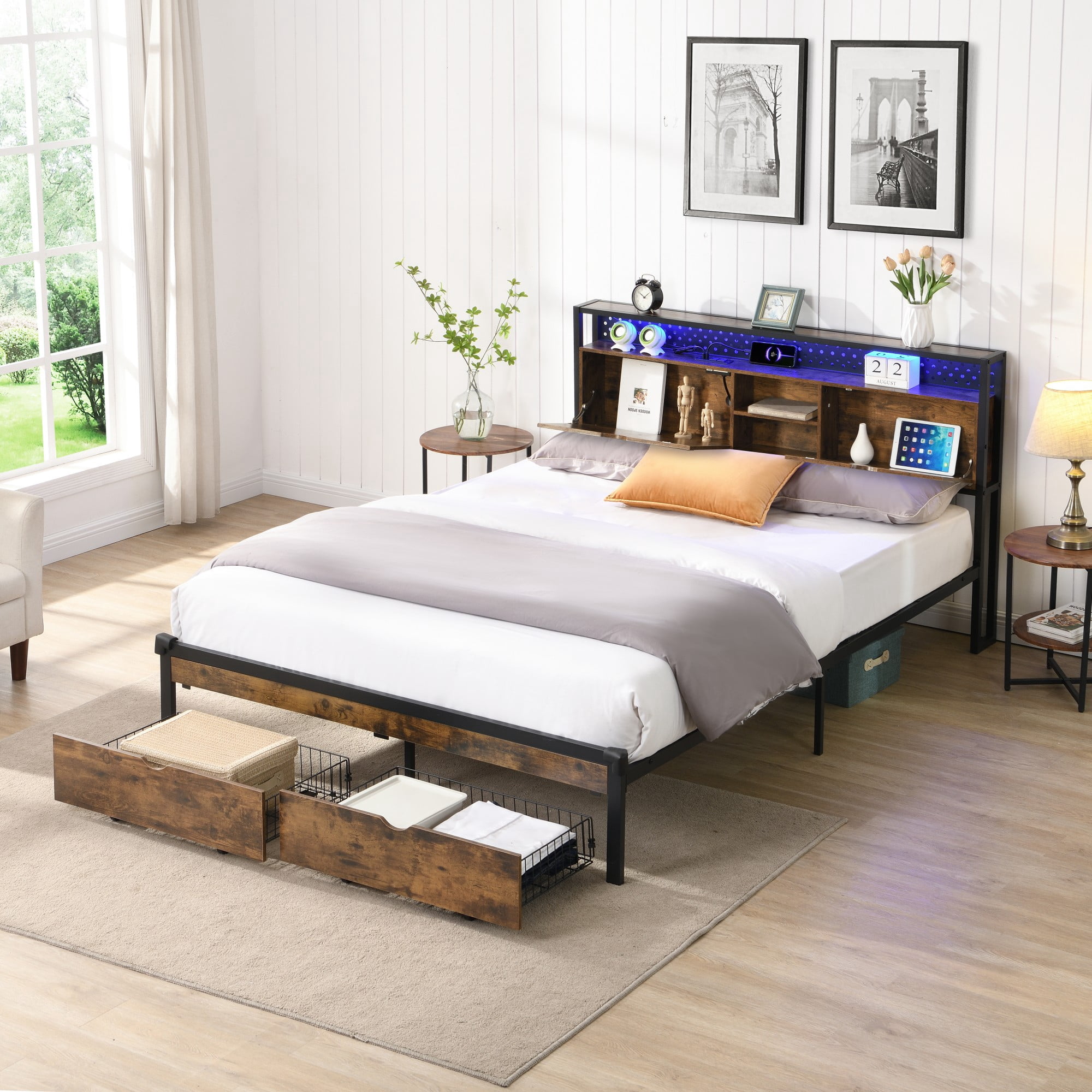 Gewnee King Size Metal Platform Bed with Wooden Headboard & Footboard - LED Light, Storage Drawers, Charging Station, No Box Spring, for Bedroom/Dorm