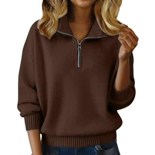 WTXUE Womens Long Sleeve Quarter Zip Pullover Sweater Casual Loose V Neck Collared Ribbed Knit Jumper Tops Soft Oversized Tunic Sweaters Brown M