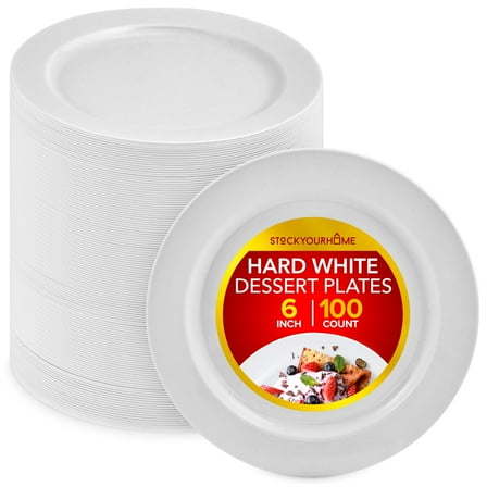 100 Count Premium White Plastic Plates, 6 Inch White Disposable Wedding Cake Plates, Heavy Duty Plastic Dessert Plates, Cocktail Appetizer Plates for Christmas Dinner Parties, Stock Your Home