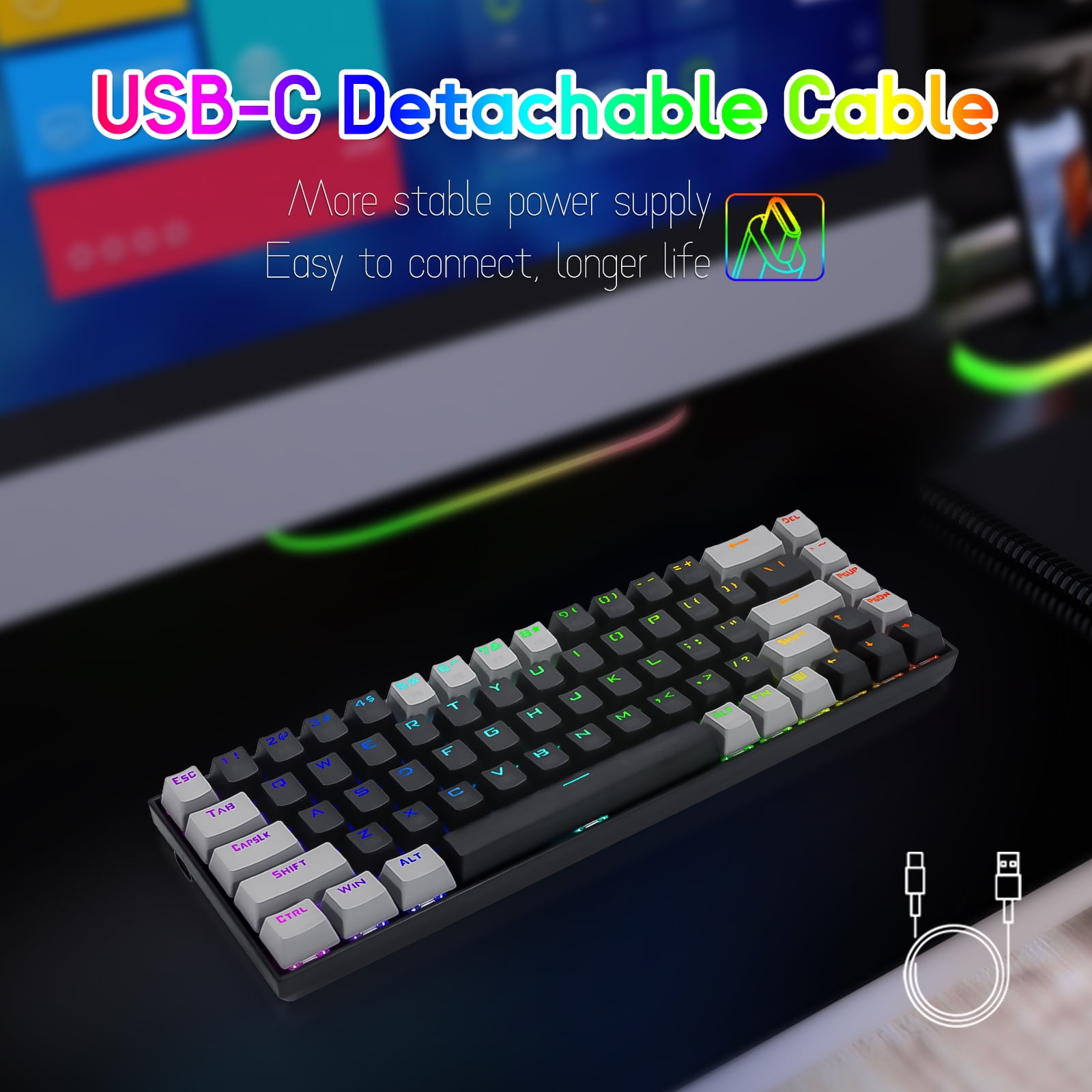 65% RGB Gaming Keyboard, E-YOOSO Z-686 Wired 68 Keys Mechanical Keyboard, Clicky Blue Switches, Pro Software Supported, Detachable Cable, Separate Arrow Keys - Black/Grey