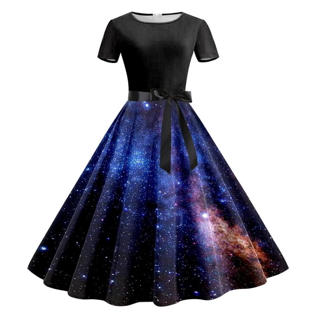 Vestido Floral de Manga Corta para Mujeres de Moda Casual Impreso de Rodilla Alta Cuello Redondo Longitud Regular
