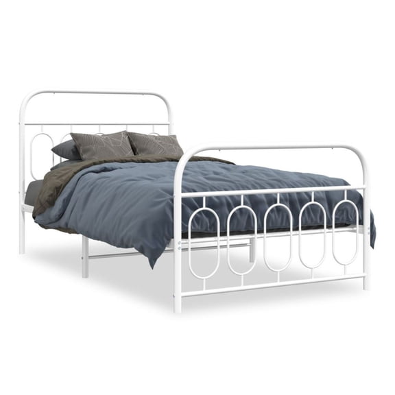 Metal Bed Frame White Full Size with Footboard, 39.4x78.7in Steel Platform Bed