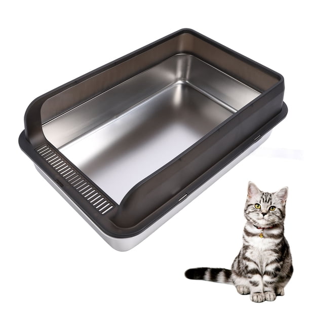 Caja De Para Gatos De Acero Inoxidable, Caja De Cerrada XL Con Un Lado Alto, Caja De Para Gatitos De Metal Fácil De Limpieza Para Gatos Grandes,