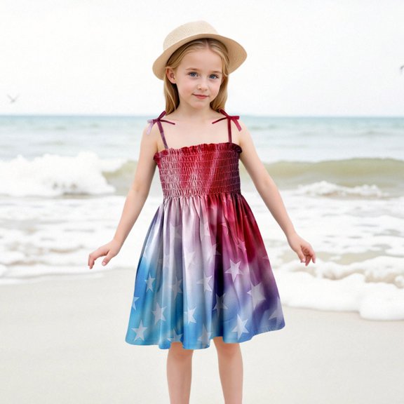 Glisme Girls Dresses Baby Floral Print Strappy Dress Lightweight Summer Dress With Adjustable Ties Beach Dress Blue Sundress Size 5-6 Years
