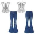 thumbnail image 5 of dPois Kids Girls Clothes Sequins Mermaid Flutter Sleeve Shirt Top with Flare Leg Jeans Pants Set 2Pcs Silver 12, 5 of 6