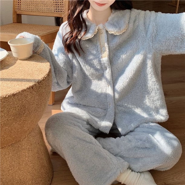Pijamas de franela de otoño e invierno para mujer, traje de casa lindo con forro polar grueso de manga larga de invierno para mujer