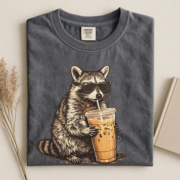 Funny Raccoon Iced Coffee Graphic T-Shirt, Casual Animal Print Unisex Tee