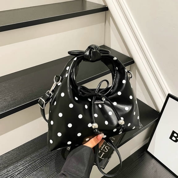 Women Polka Dot Hobo Handbag, Knotted Top Handle Drawstring Faux Leather Crossbody Shoulder Bag