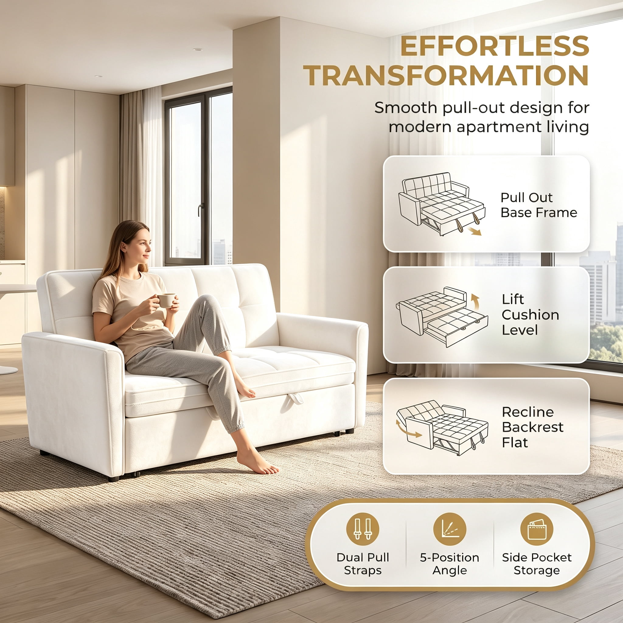 54" Convertible Sleeper Sofa Bed, Modern Velvet 3-in-1 Pull Out Loveseat Couch with 5-Position Backrest & Side Storage Pocket for Living Room, Beige