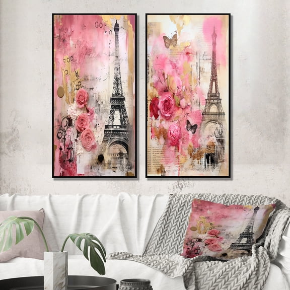 Designart "Pink Blossoming Spring in Vintage Paris Collage II" City Paris Framed Wall Art Set Of 2 - Traditional Pink Framed Canvas Set For Living Room Decor