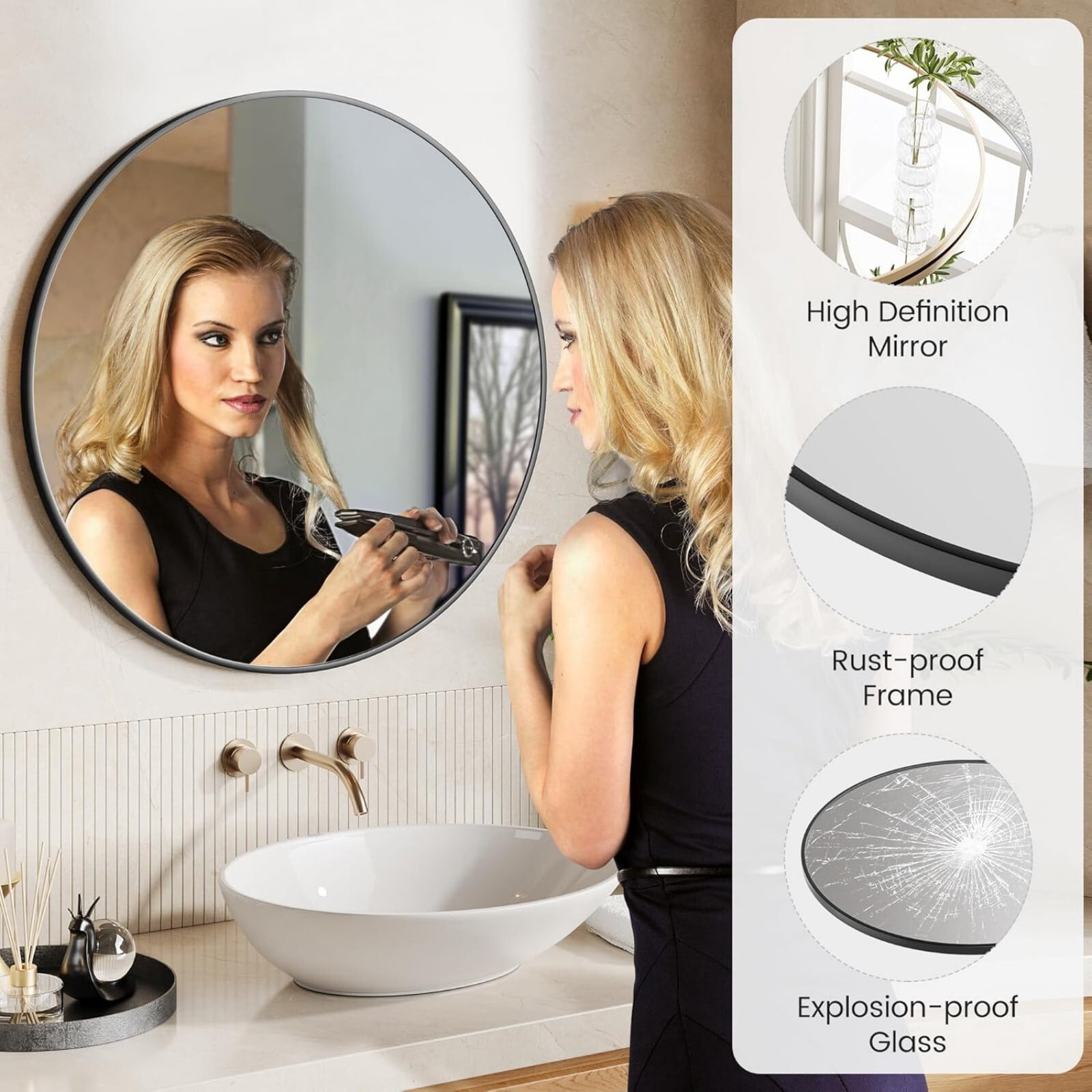 AUROMIR 30" Round Bathroom Mirror Wall Mounted Modern Vanity Mirror, Black