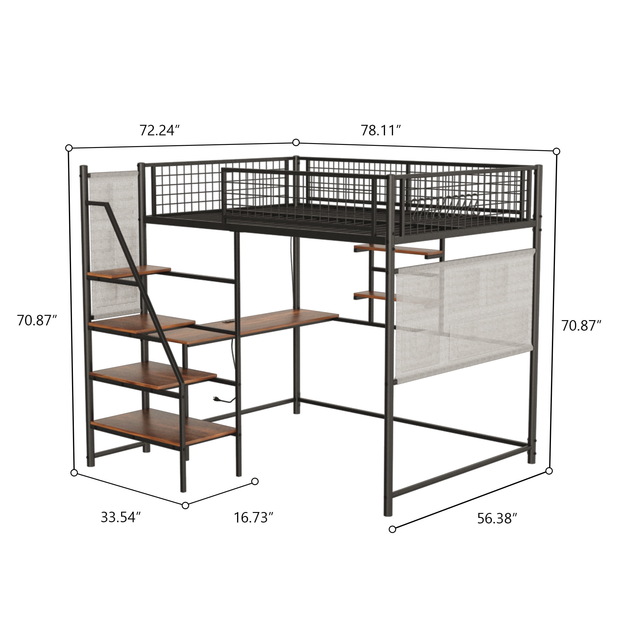 Yoneston Full Size Loft Metal Bed Frame with Built-in Charging Station and LED Lighting for Bedroom and Dormitory, Black