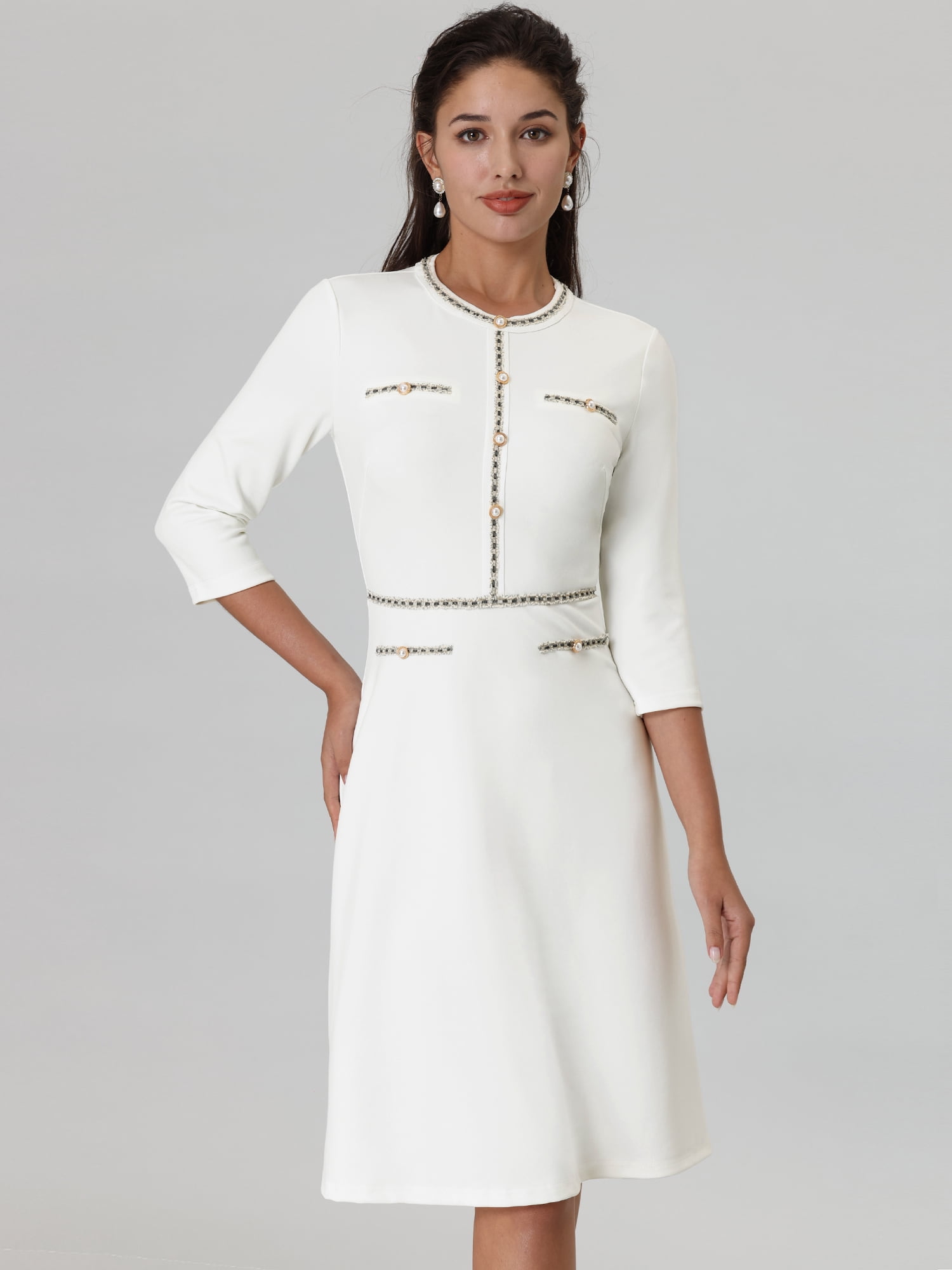 DARING DIVA Women's A-Line Contrast Color Tweed Trim Dress 2XL White