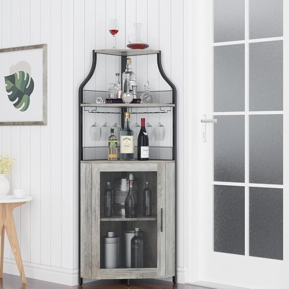 Corner Bar Cabinet with Glass Holder, Industrial Wine & Liquor Cabinet, 5-Tier Bar Unit, Farmhouse Liquor Cabinets with Shelf and Door, Home Bar for Coffee Bars, Grey