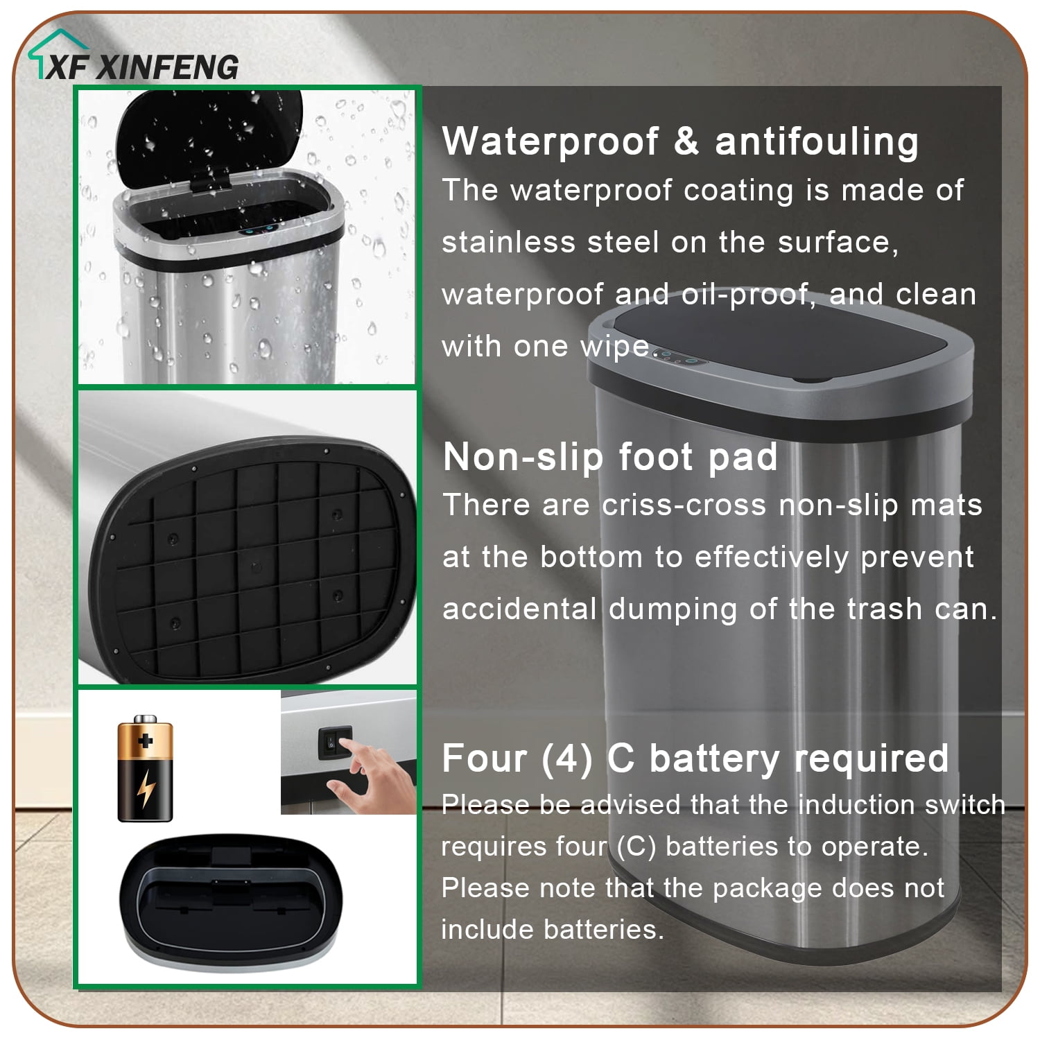 XF XINFENG  13 Gallon Kitchen Trash Can Automatic Touchless Stainless Steel Waste Bin with Silver,Black Lid