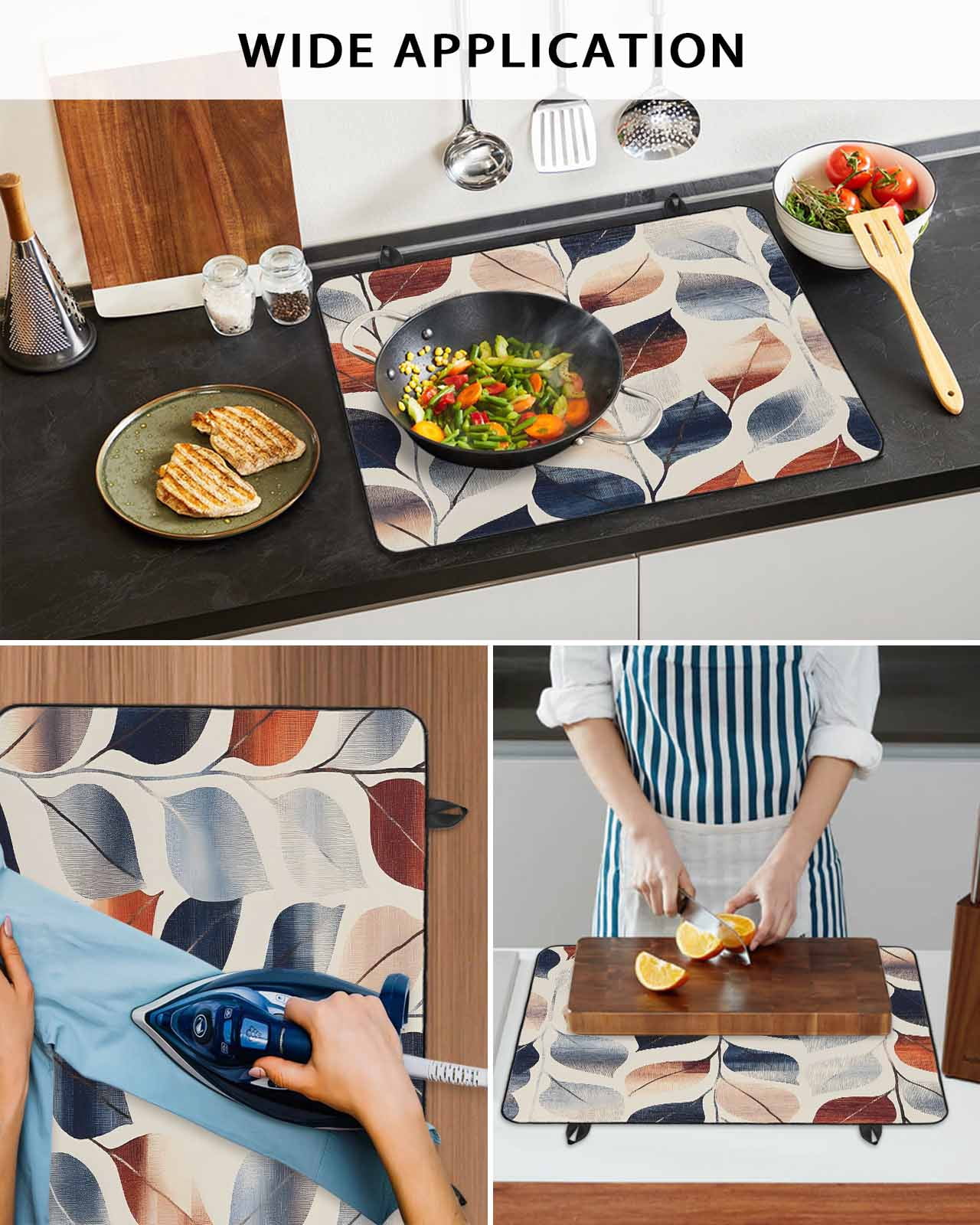 nqOlkjepod Large Induction Cooktop Protector Mat 36"x21", Navy Blue Burnt Orange Botanical Stove Top Covers for Electric Stove, Vintage Leaves Stove Burner Cover Mats, Glass Top Stove Cover