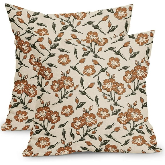 Vintage Floral Block Print Pillow Covers 18x18 Inch Set of 2 Antique Flower Throw Pillow Covers Neutral Traditional Square Cushion Case Decoration for Couch Home Decor