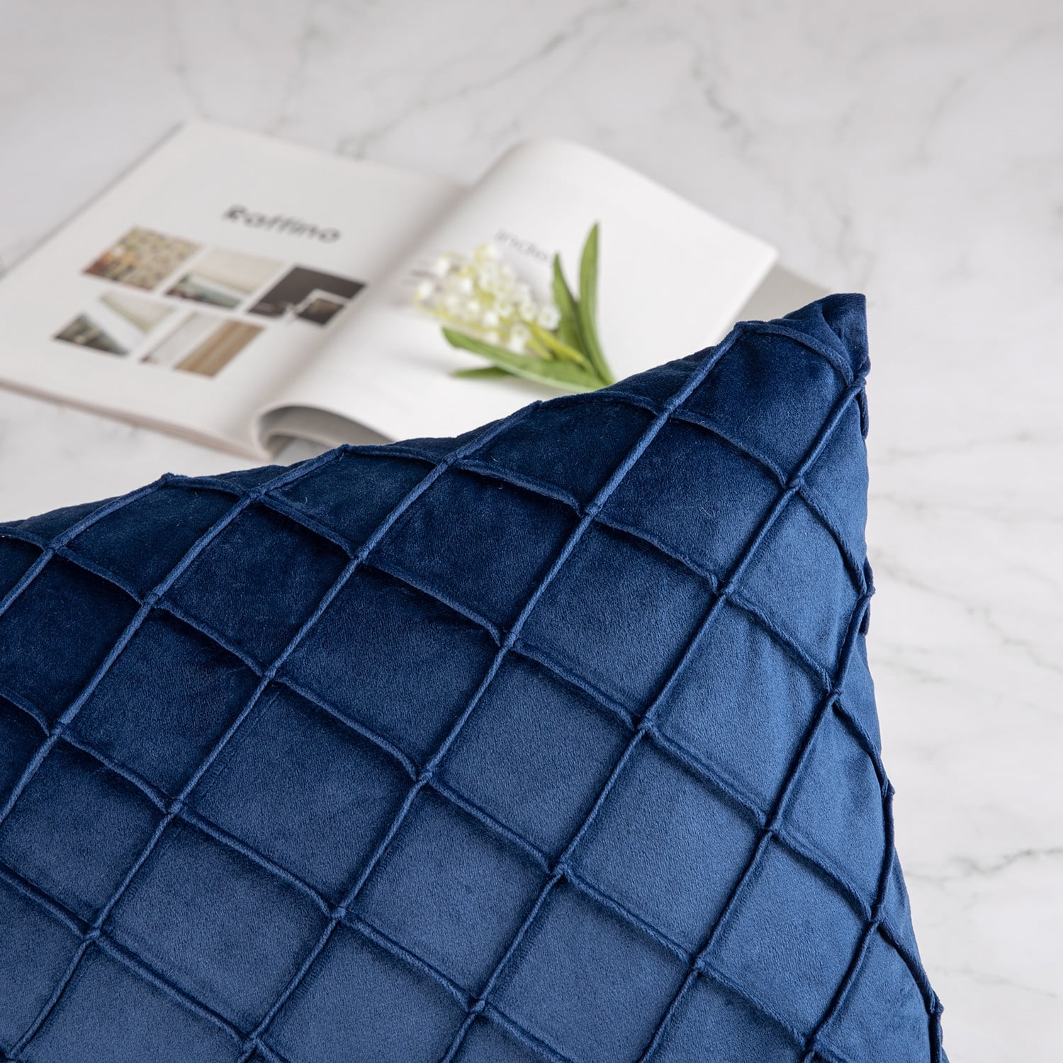 Phantoscope Pleated Velvet Pillow Covers, 18x18 Inch Set of 2, Square Decorative Throw Pillow Cases for Couch & Bed, Luxury Soft Cushion Covers, Navy Blue