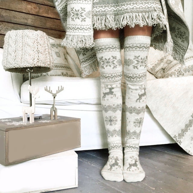 Chaussettes de Noël pour Femmes d'Automne et d'Hiver avec Cerf, Bas en Laine Tricotée, Bas de compression, Blanc