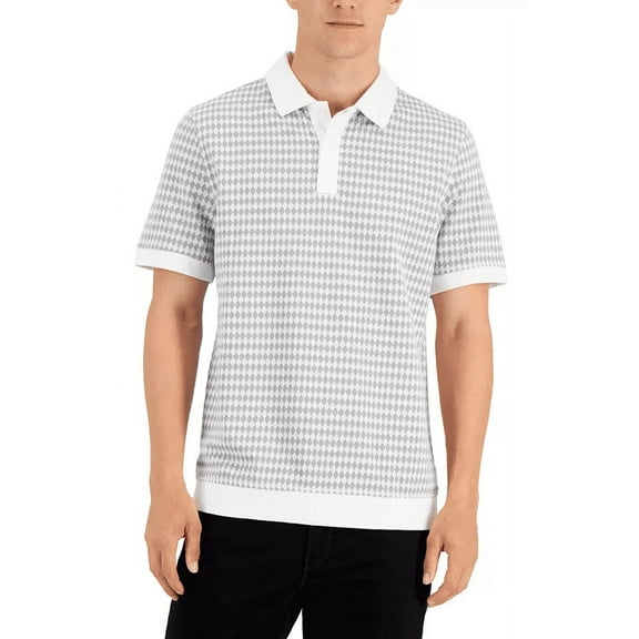 Alfani BRIGHT WHITE COMBO Men's Diamond Pattern Polo Shirt, US X-Large