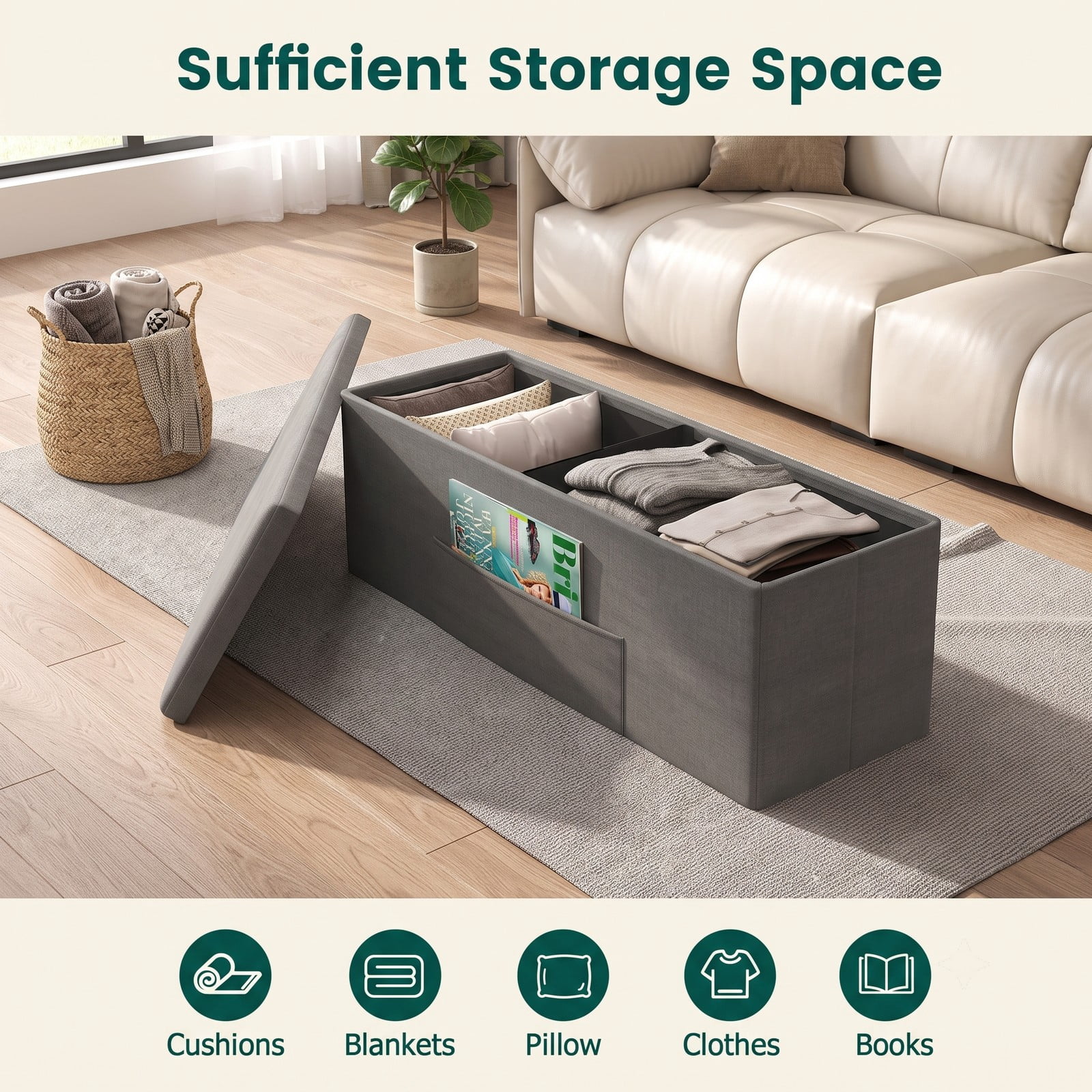Furnibear 43 Inch Folding Linen Storage Ottoman Bench with Padded Seat and Divider for Living Room, Bedroom and Entryway, Dark Gray