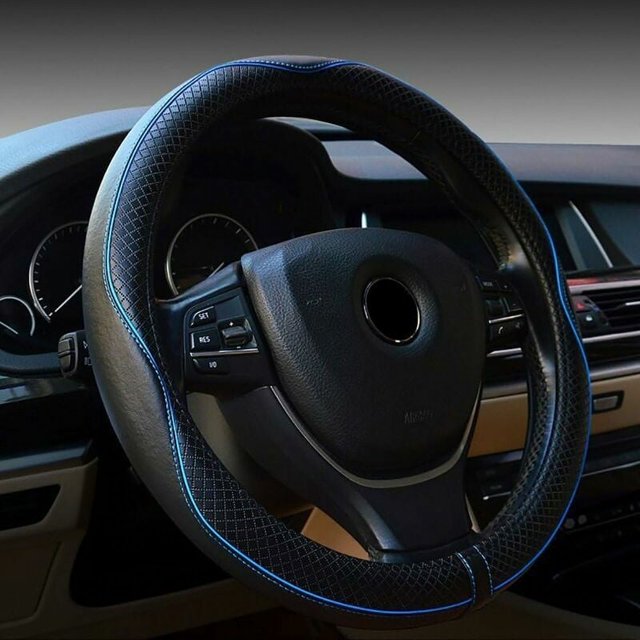 Schwarz und Blau Universal-Leder-Auto-Lenkradbezug, 15 Zoll, 38 cm, Lenkradbezug, rutschfest, atmungsaktiv, Auto-Zubehör für LKW, SUV