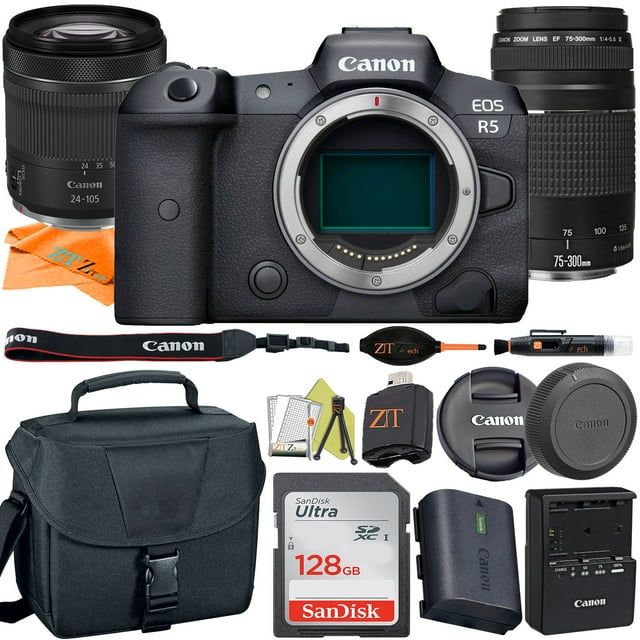 Canon EOS R5 Appareil Photo Numérique Sans Miroir avec Objectif RF24-105mm STM + 75-300mm + SanDisk 128 Go + Étui + Accessoire ZeeTech