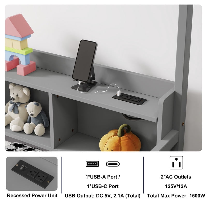 Full Size House-Shaped Canopy Bed with Roof, Wood Kid's Floor Bed Frame with Storage Shelves, LED Lights & Charging Station