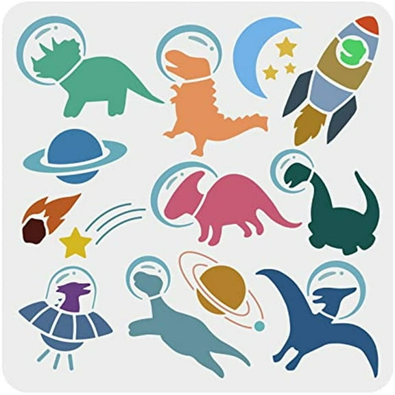 Dinosaur in Outer Space Stencil 30x30cm Large Astronaut Animal Jurassic Extinct Silhouette Stencil Painting Template Reusable Mylar DIY Art Craft Chalk Signs Stencils for Window Wall DIY