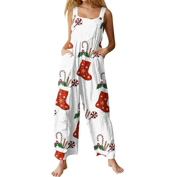 KDDYLITQ Women Christmas Overalls Sleeveless Red with Oversized Romper Wide Leg Snowflake Cute Holiday Pants Cotton Linen Santa Trendy Jumpsuits with Pocket Red 2XL