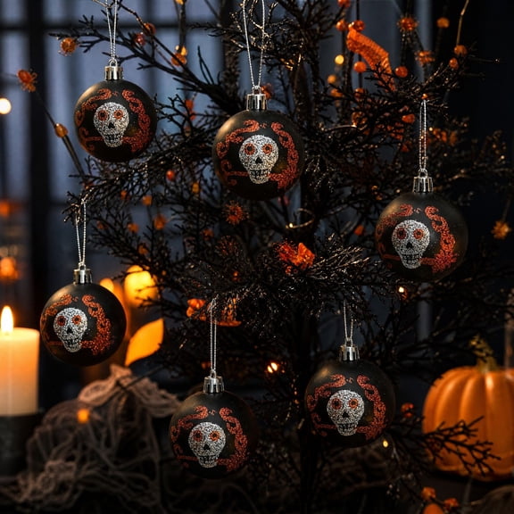Dalxymotic Halloween Tree Ornament Set, 6 Pcs Glitter Baubles Spooky Design, Spooky Fall Party Decor Accent, Halloween Decorations Indoor Outdoor for Home, Mantel, Shelf, Window