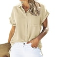 thumbnail image 2 of Camisa de algodón Fnochy con botones para mujer, informal, de manga larga o corta, holgada, con cuello, de lino, para trabajo, con bolsillo, para otoño, 2 of 6