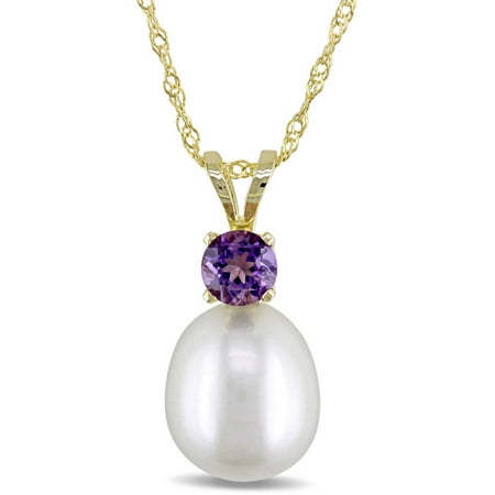 Tangelo 8-8.5mm White Cultured Freshwater Pearl and 1/4 Carat T.G.W. Amethyst 14kt Yellow Gold Fashion Pendant, 17