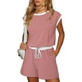thumbnail image 2 of UAMVSH Rompers for Women Fashionable Stripe Printed Short Jumpsuit Cap Sleeve Crew Neck Pockets Jumpers Clothes with Adjustable Drawstring, 2 of 4