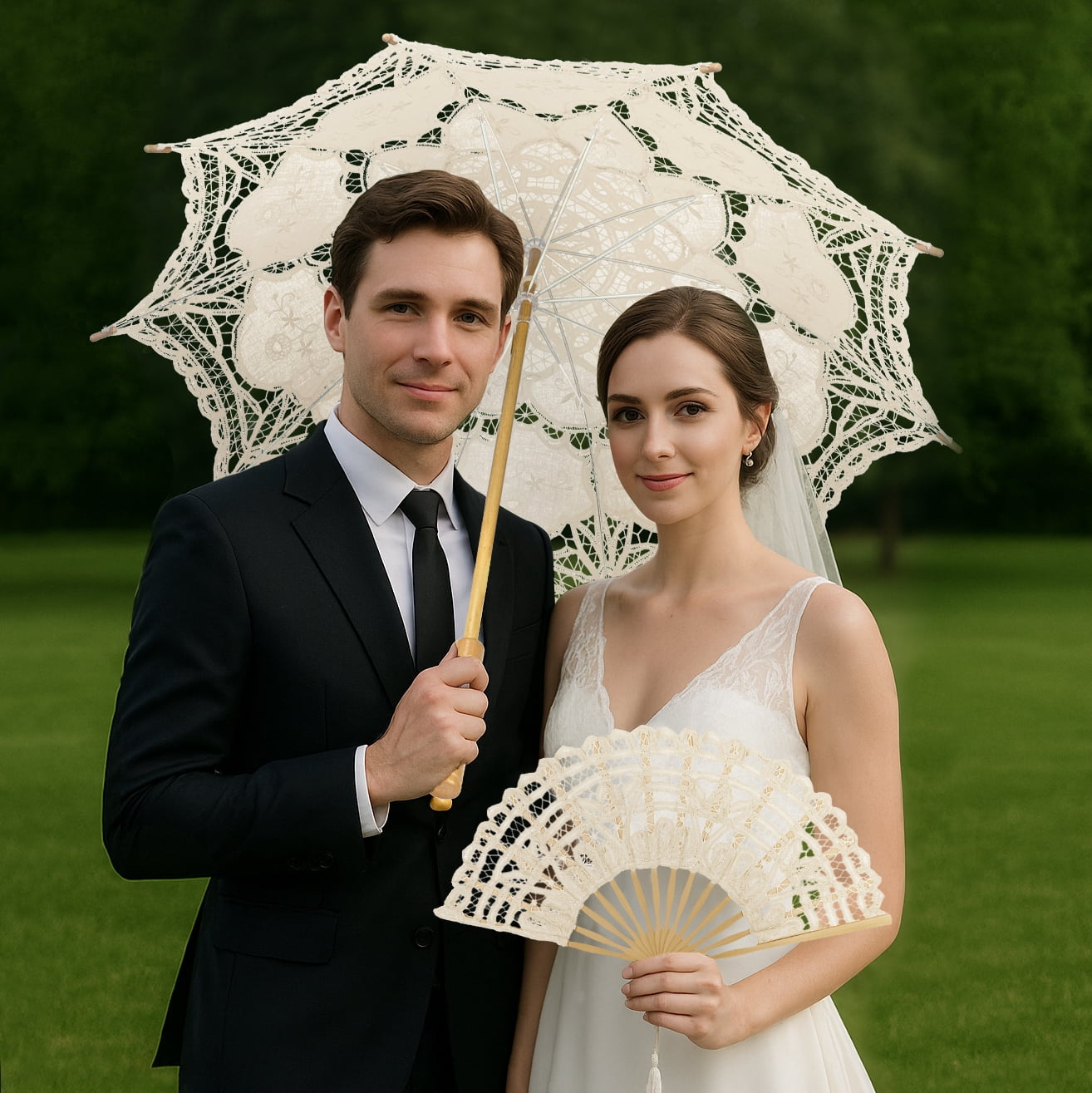 TOPTIE Handmade Lace Umbrella Parasol with Elegant Lace Fan for Weddings Art Exhibition