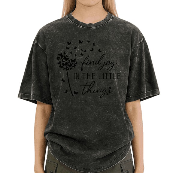 Giffimy Women's "Find Joy In The Little Things" Dandelion Butterfly Graphic Vintage Washed Oversized T-Shirt Fashion Relaxed Fit Tee
