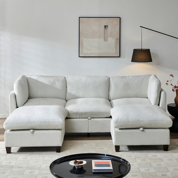 96.5" Sectional Couch for Living Room, Upholstered Soft Chenille Fabric Sofa with Storage, 3-Seater with Two Ottomans U Shape Sofa (Beige)