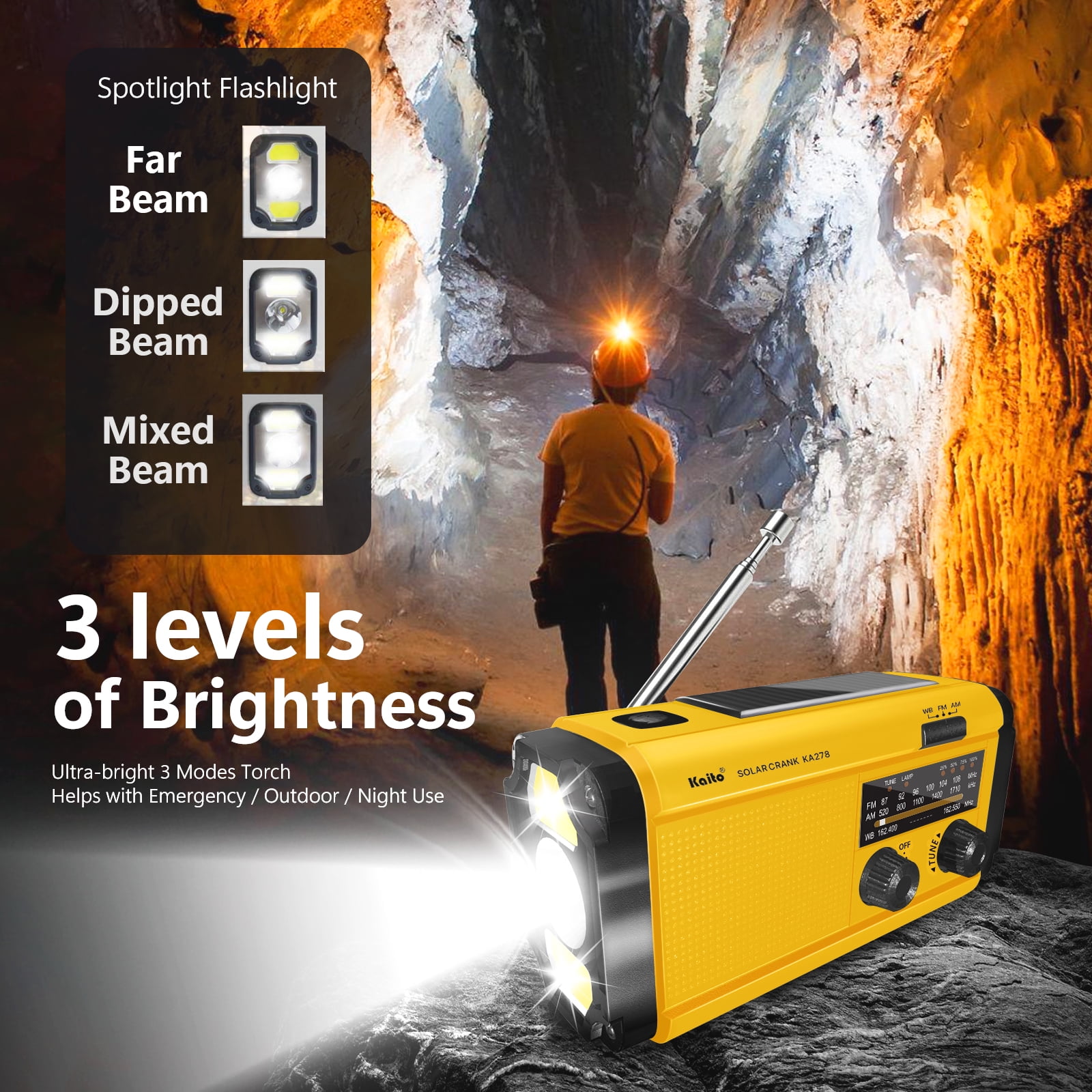Kaito KA278 Emergency AM/FM NOAA Radio Solar Crank, Yellow