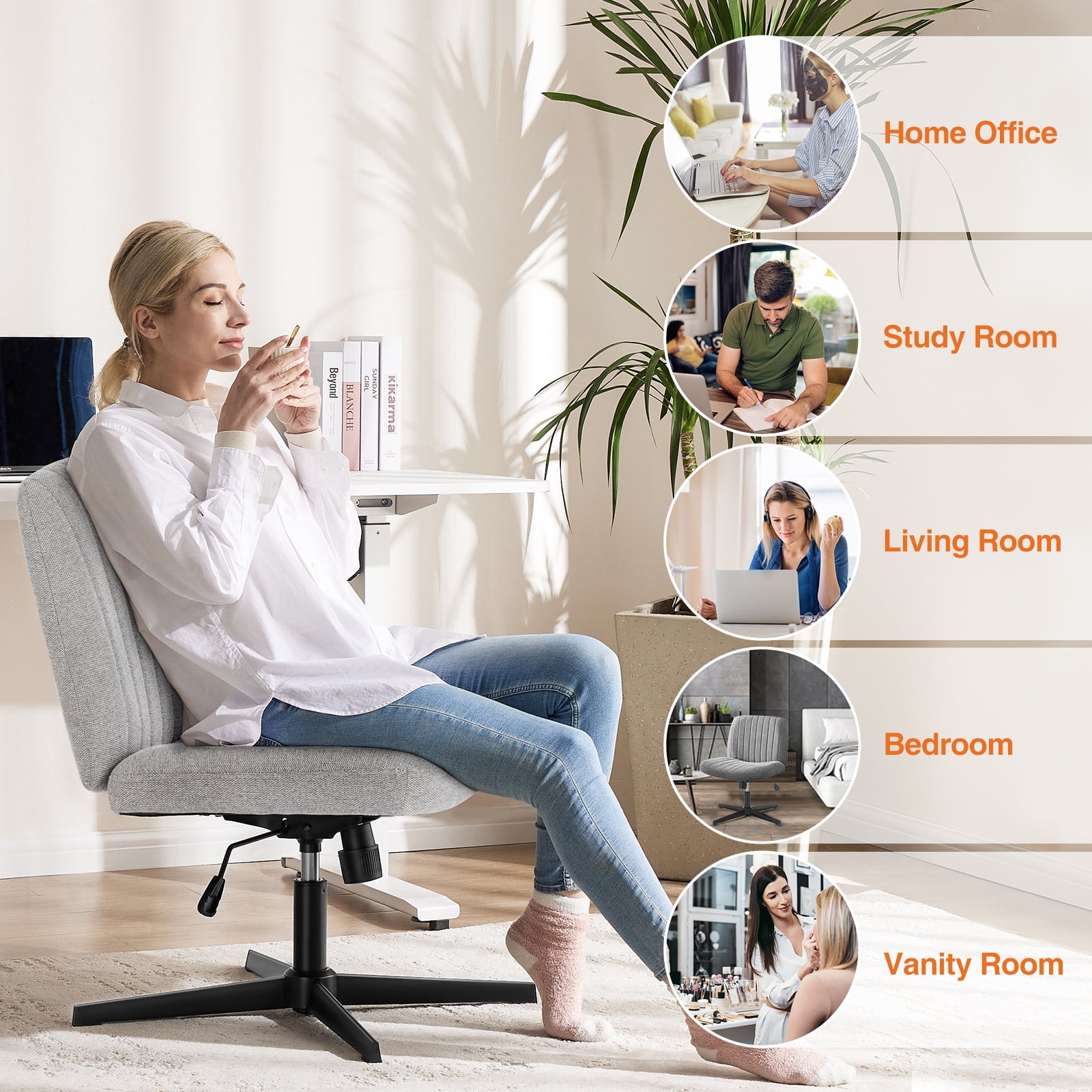 MAYEERTY Armless Criss Cross Chair Office Chair Vanity Chair for Home Office，Gray