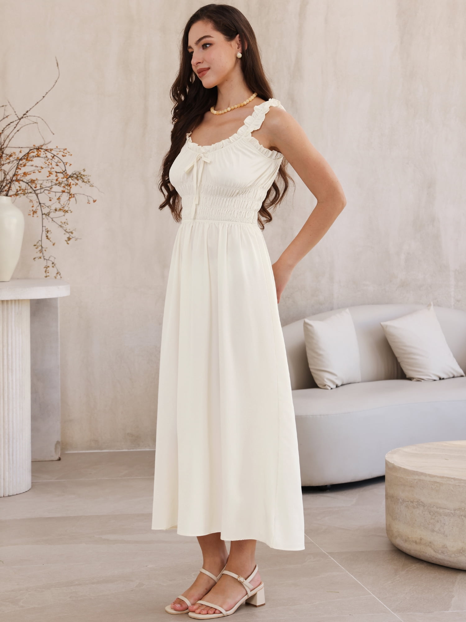 DARING DIVA Women's Spaghetti Strap Square Neck A Line Flowy Dress S Apricot