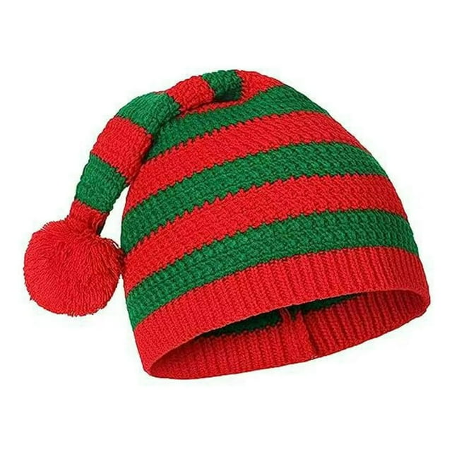 Winter Santa Hat Knitted Striped Print Color Matching Plush Ball High Elasticity Anti-slip Unisex Ear Protection Cold Resistant Christmas Cap Beanie