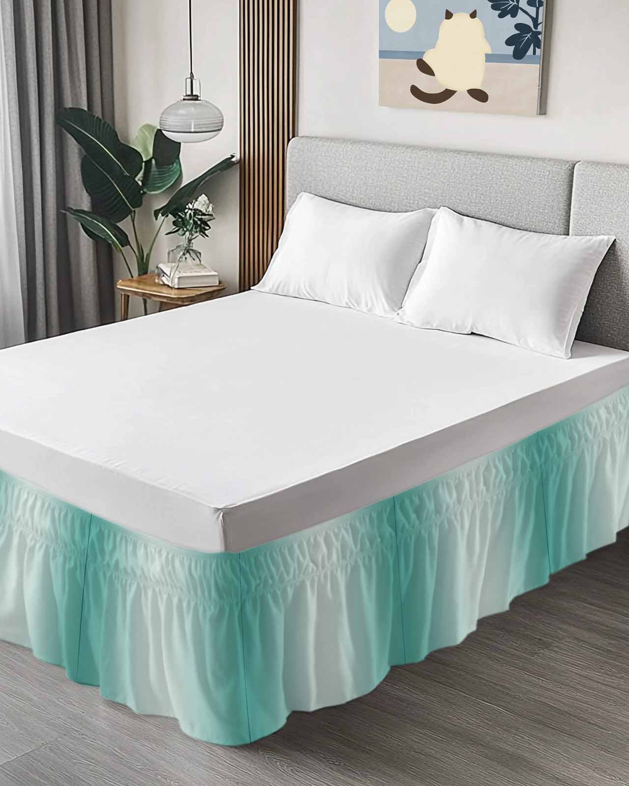 Ombre Bed Skirt Teal Green Gradient Bed Skirts Queen Size 18 Inch Drop, Wrap Around Dust Ruffle&nbsp;Bedskirt with Adjustable Elastic Belt for Queen Size Beds