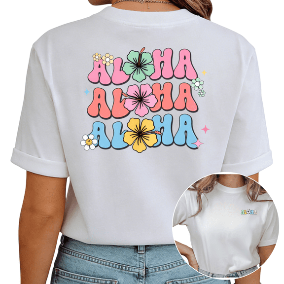 White Retro Aloha Daisy Flower Print Tshirt Graphic Tees Shirts S-5XL Tropical Holiday Casual Tops