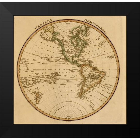 Vintage Maps 12x12 Black Modern Framed Museum Art Print Titled - Western Hemisphere 1817