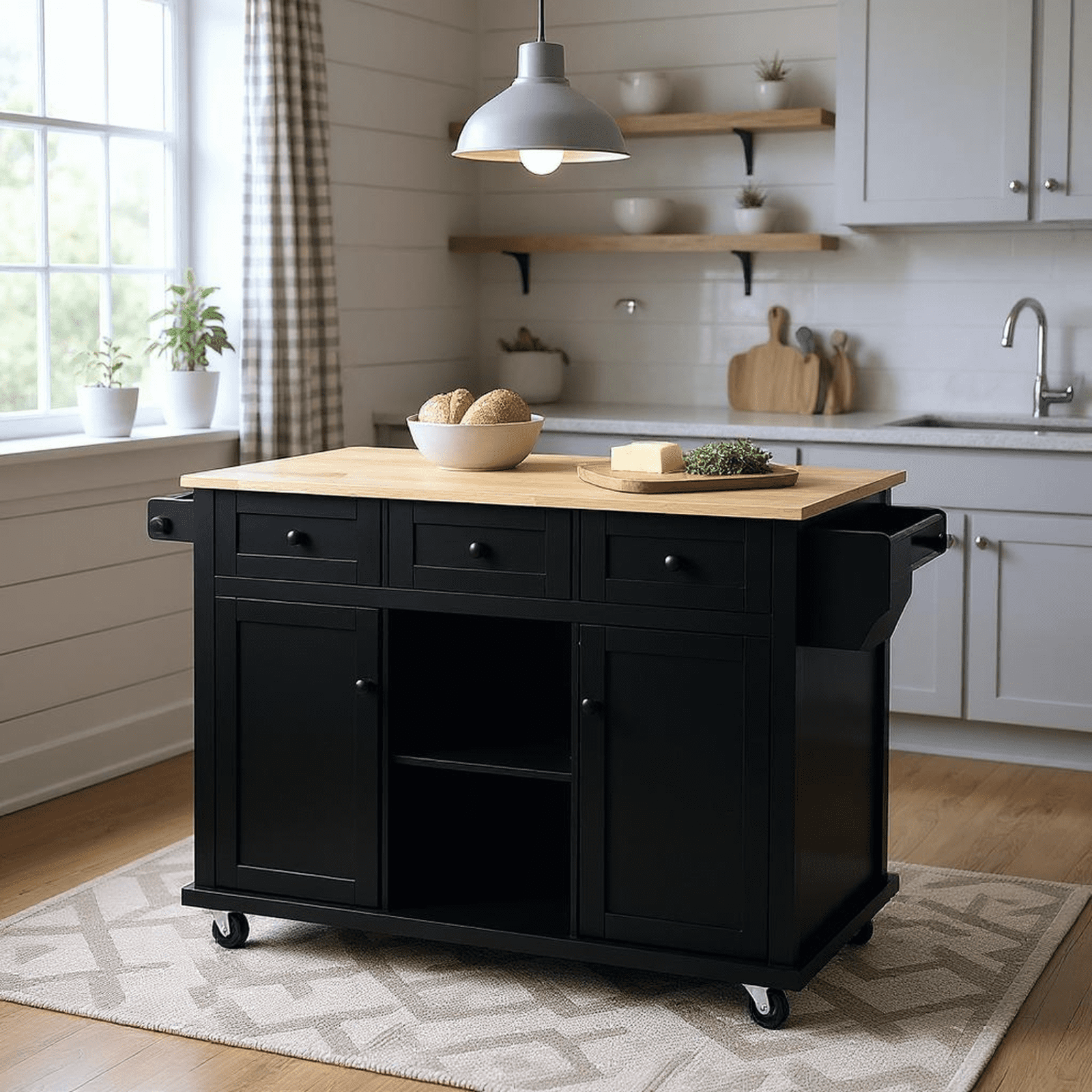 Homy Casa Drop-Leaf Kitchen Island with Storage, Wheels, Adjustable Shelves & Spice Rack, Black