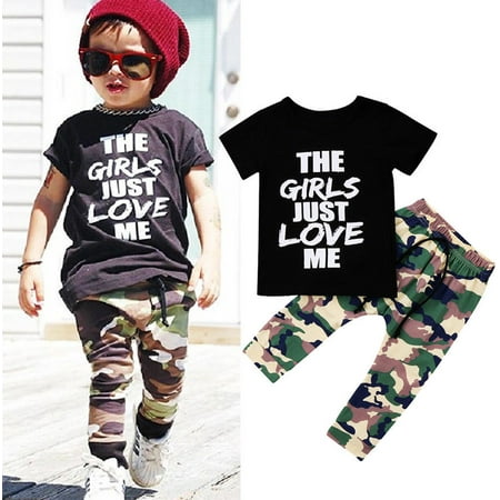 

Qtinghua 2Pcs Toddler Baby Boys Casual Summer Clothes Short Sleeve Tops T-shirt Camouflage Pants Set Black 3-4 Years